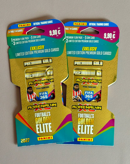 Zwei Panini FIFA 365 2026/2027 Adrenalyn XL Premium Gold Flow Booster Blister Vorderseite